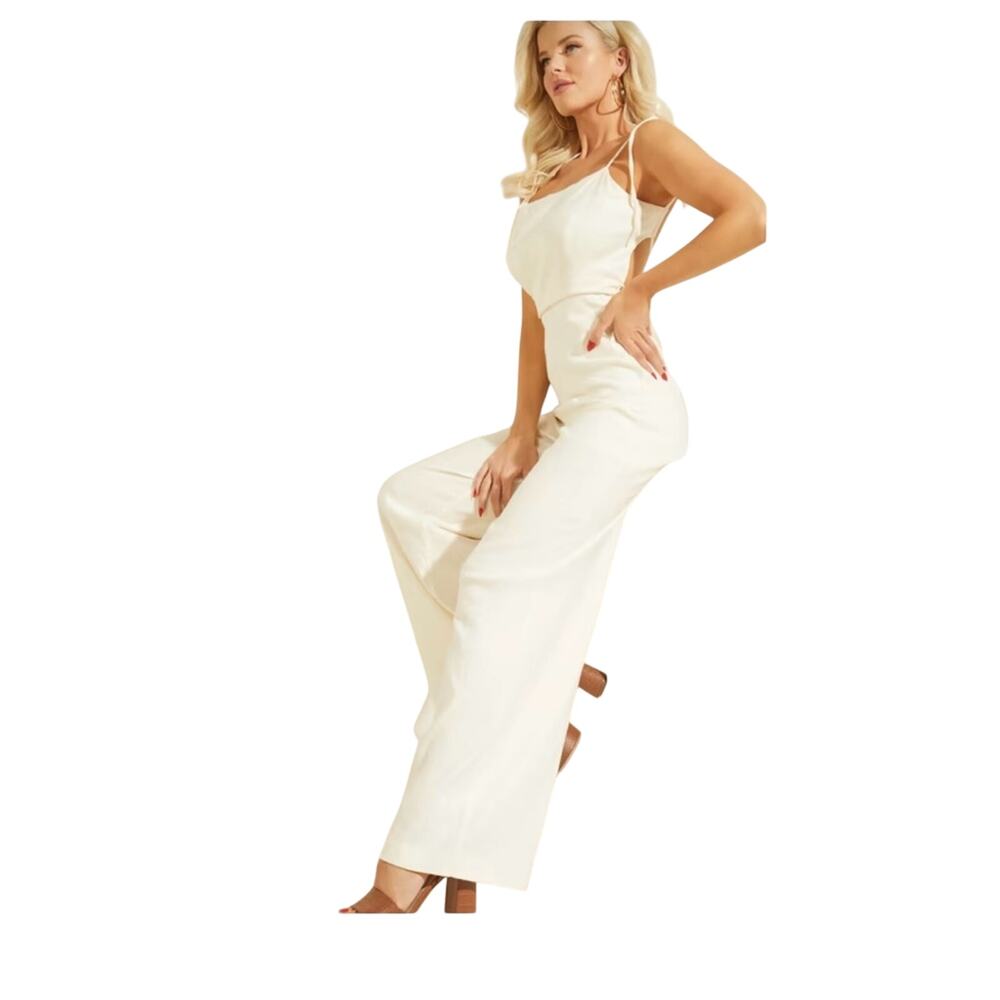 Guess Kora White halter jumpsuit Womens 10 linen square neck Bachelorette